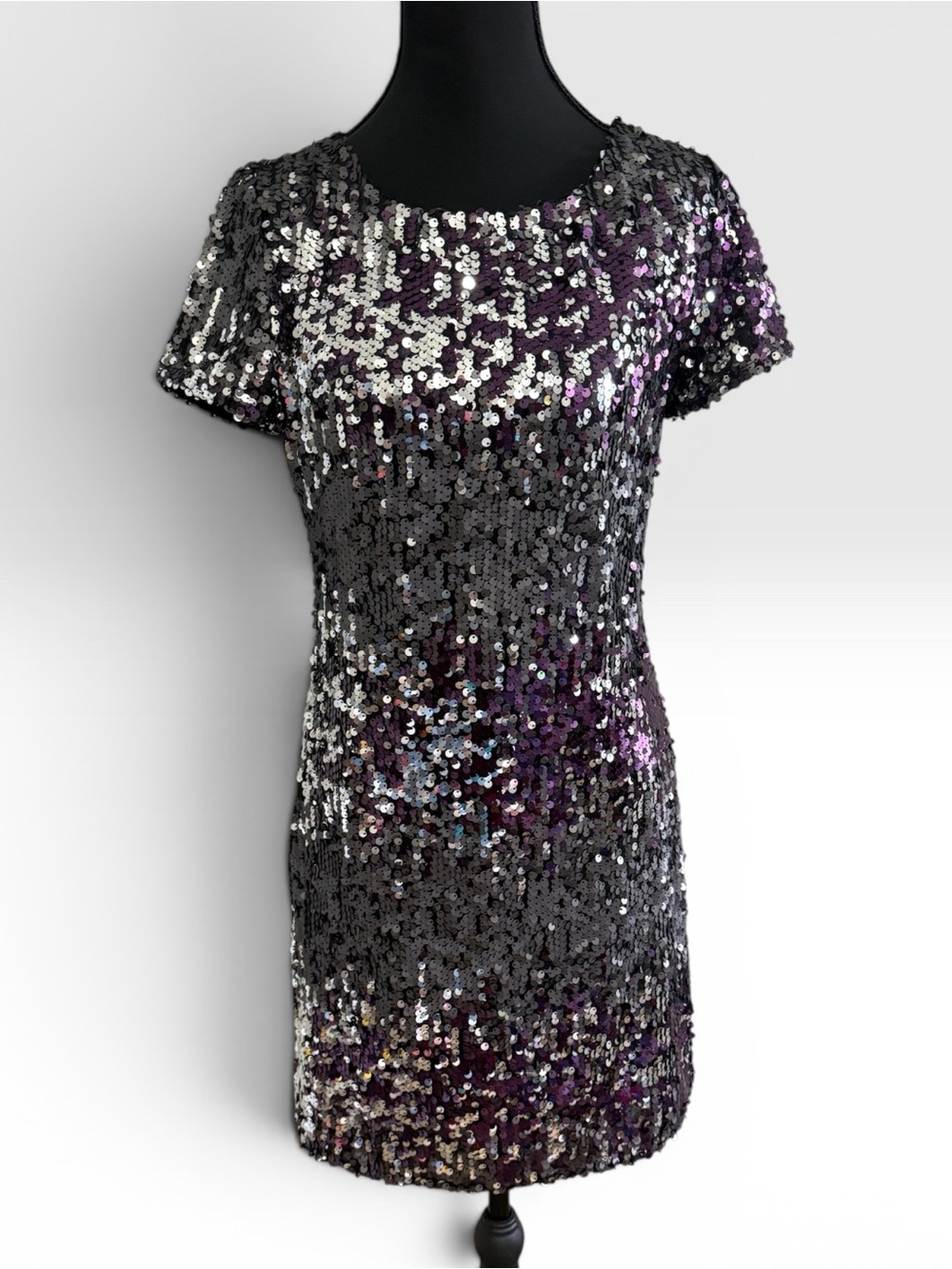 Jump Apparel Purple Silver Sequin Cocktail Dress Womens Small Short Sleeve